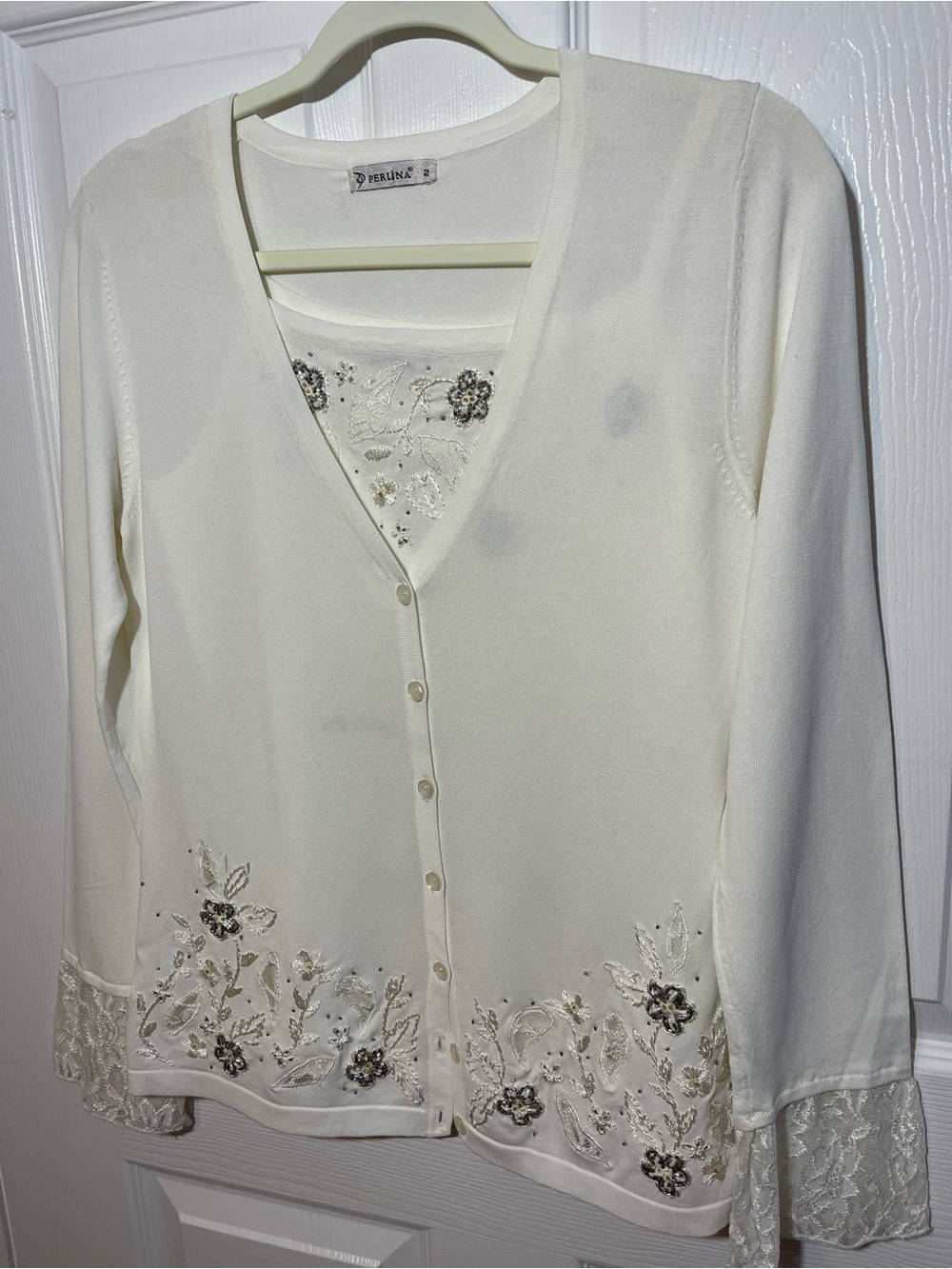 Perlina Cream V-Neck Lace-Trim Tank